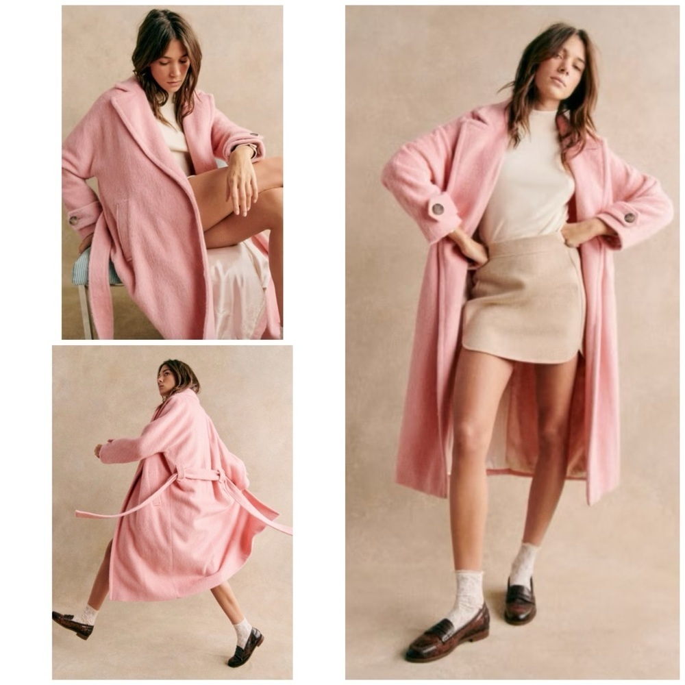 NWT Sézane Marc Rose Pink Belted Wool Coat Peacoat US 2